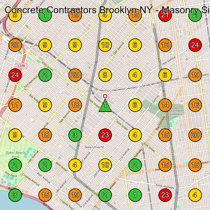 Concrete Contractors Brooklyn NY - Masonry Sidewalk Repair Concrete Contractor GeoGrid ranking map for Brooklyn NY
